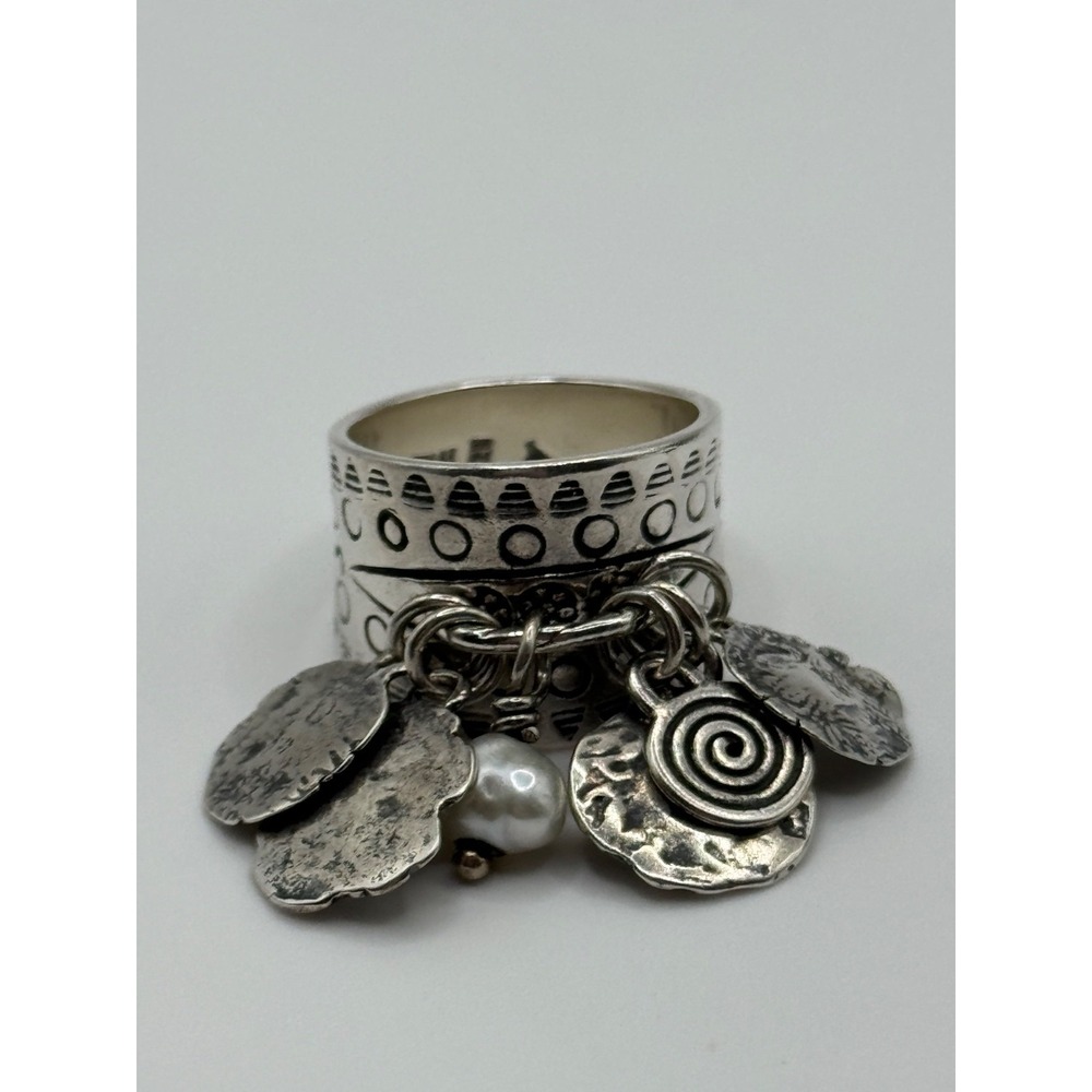Silpada R1902 Sterling Silver Pearl Stamped Coin Cha Cha Ring Size 7